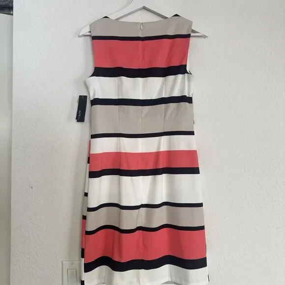 New Alyx Dress Sleeveless Stripe Coral Navy Cream Sheath Sz 2 Office Classic NWT - Picture 2 of 15